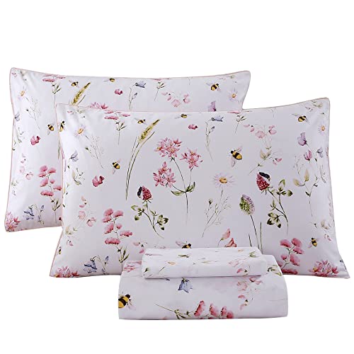 Rynghipy Shabby Floral Bees Print Bedding Sheets With Pillowcases, 100% Egyptian Cotton Bed Sheet Set (Bee,King Size) #TOP8