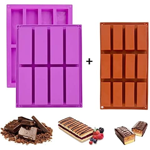 Large Rectangle Granola Bar Silicone Moulds, 2 Pack 8 Cavity + 1 Pack 12 Cavity Nutrition Cereal Bar Moulds, Energy Bar Maker for Baking Bread Brownie Cheesecake Butter Soap Mold - Purple, Maroon Cover