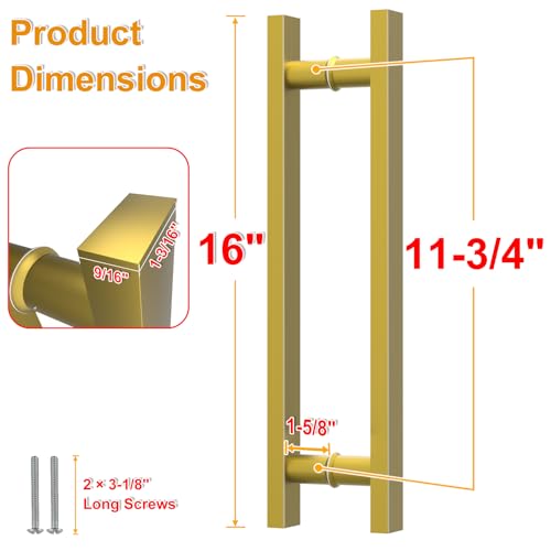 Image of 16 inch Titanium Gold Square Barn Door Pull Handle Double Sided | Heavy Duty 304 Stainless Steel, 11-6 /8 inch Hole Spacing, Fits 3 /4 inch-2 inch Thick Barn, Front Entry, Sliding & Exterior Doors
