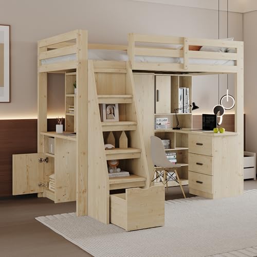 Etagenbett 90x200, Kinderbett Hochbett mit Treppe, Schubladen, Schreibtisch und Bücherregal, Funktionsbett Stockbett Kinderhochbett Jugendhochbett mit Lattenrost, Massivholz, Ohne Matratze, Holzfarbe