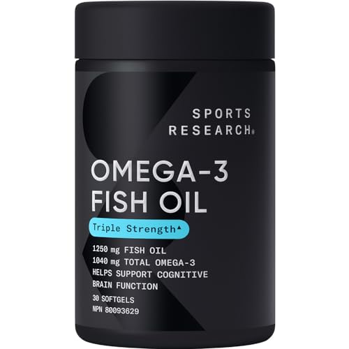 Sports Research Triple Strength Omega 3 Fish Oil - Burpless Fish Oil Supplement w/EPA & DHA Fatty Acids from Wild Alaskan Pollock - Heart, Brain & Immune Support for Men & Women - 1250 mg, 30 ct