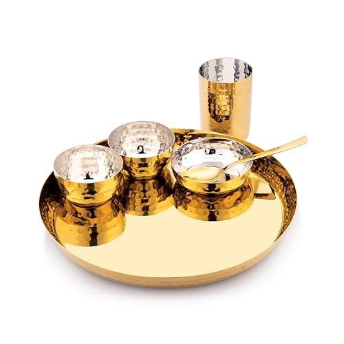 Image of Silverglow Aurum PVD Gold Plated Stainless Steel Dinner Set (6 Pcs) | Hammered Luxury Thali Set with Plate, Glass, Bowls & Spoon | Premium Dining Set | Wedding, Diwali, Pooja, Housewarming Gift Set