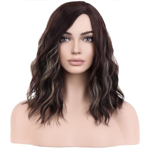 Image of BERON 14 inch Women Brown Blonde Wigs Girls Short Curly Bob Wavy Wig Brown Highlights Body Wave Halloween Cosplay Daily Party Wigs