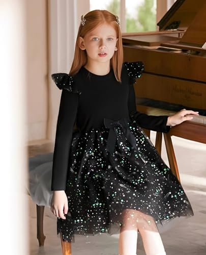 Girl Tulle Dresses Long Sleeve Sequins Girls Tutu Dress Fall Winter Cute Ruffle Holiday Party 4-12Y4