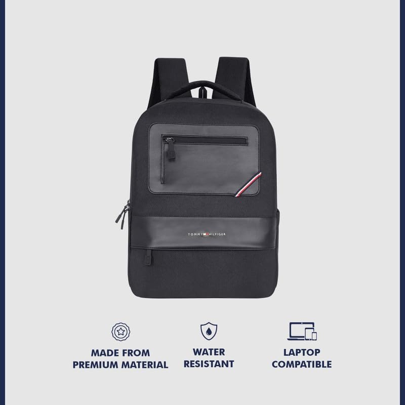 Image of Tommy Hilfiger Unisex Backpack Blackburn - Granite Grey+Black | Water-Resistant | Padded Laptop Sleeve | Trolley Holder | Stylish & Trendy Backpack For Daily Use, Office, Work & Travel | 20L Capacity