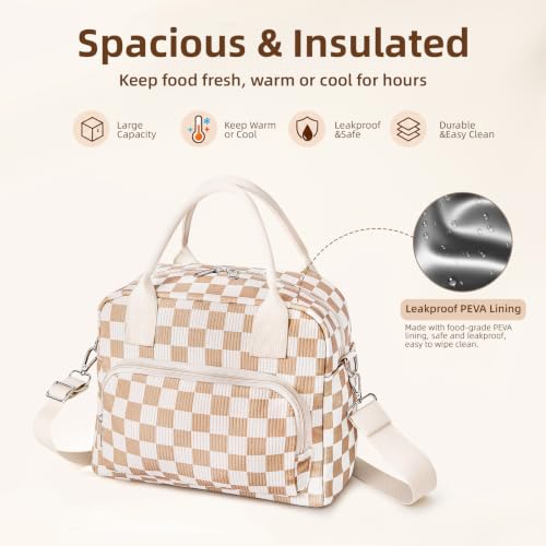 Image of LOVELYWIND Large Insulated Lunch Bag For Women, Brown White Lunch Box 12L | Large Shoulder Strap Lunch Tote With Insulated Lining; Stylish Look For Work, School, Picnic, And Organized Meals.
