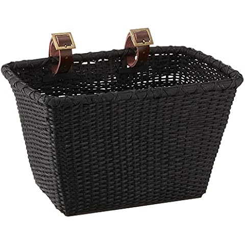 Retrospec Bicycle Cane Woven Rectangular Toto Basket with Authentic Leather Straps & Brass Buckles, Black Cover