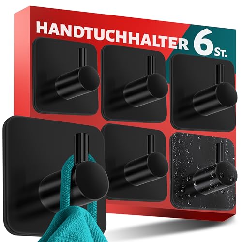 Menz Handtuchhalter ohne Bohren Edelstahl, 6er Set - Schwarze Badezimmer Handtuchhalter, wasserfeste Klebehaken fürs Bad, Haken selbstklebend als funktionale Handtuchhaken, stabil und rostfrei