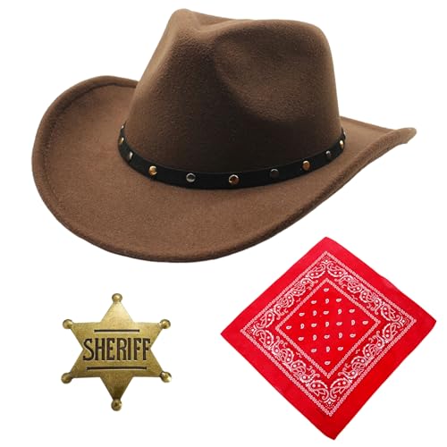 Set d'accessoires de déguisement cowboy occidental pour cosplay, carnaval, mardi gras, Halloween, fêtes à thème, noir et marron avec chapeau et bandanas pour adultes hommes et femmes (Marron, Style 3)