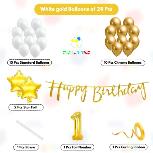 Image of Flyloons 1st Happy Birthday Decoration Kit Gold White for Baby Boys Girls Kids Twins With 20 Pcs Chrome Balloons Birthday Banner 2 Pcs Star Items Set Golden