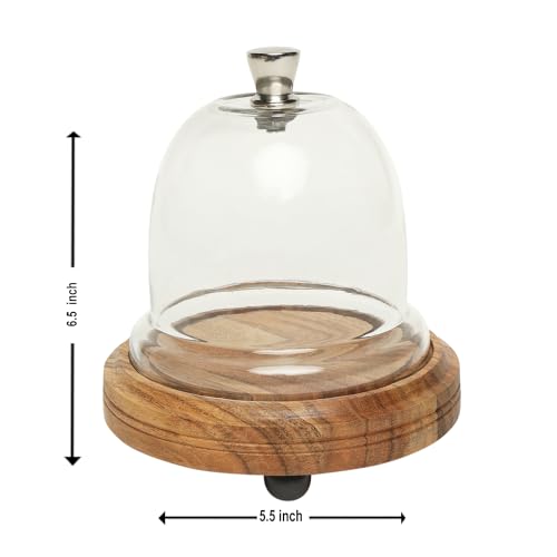 Image of Candy Glow Acacia Wood Cake Stand with Glass Dome - Wooden Cake Display Stand with Glass Cloche, Dessert & Cupcake Stand for Birthday & Celebrations