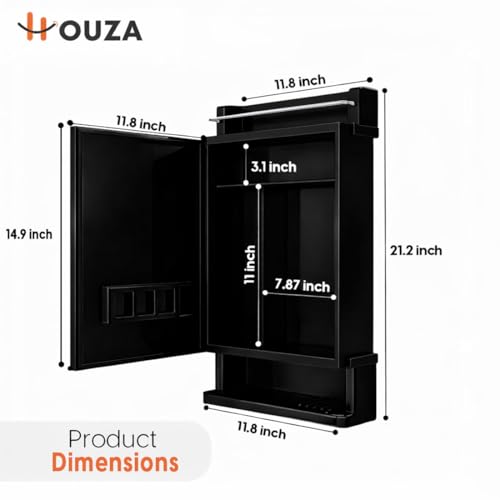 Image of HOUZA Premium Look Plastic Wall Mounted Bathroom Mirror Cabinet with Storage | Waterproof Storage Organizer with Shelves | Bathroom Accessories (Black)