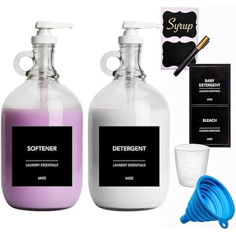 WILLDAN Laundry Detergent Dispenser for Laundry Room - Two 1/2 Gallon Glass Jugs for Liquid Fabric Softener Dispenser, Liquid Laundry Soap Dispenser and Bleach - 64 oz. each Cover