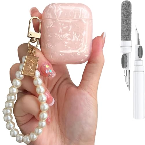 Cute Case for Airpods Case Cover 2/1 with Cleaner kit,with Pearl Wrist Chain Bling Marble Design Hard TPU Cover,Airpod Case Accessories for Women (Pink Shell Shining)