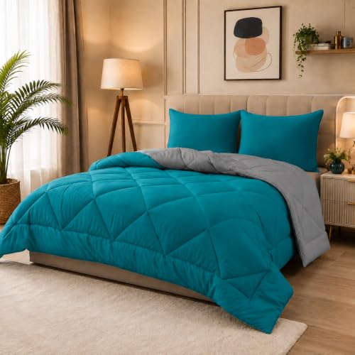 Image of 220 GSM Comforter Set Double Bed | Microfiber Reversible AC Blanket Duvet Quilt for Double Bed King Size for Winter (Teal & Grey)