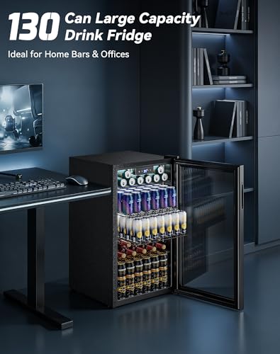 Image of 3.1 Cuft Beverage Fridge, 128 Can Mini Fridge, Glass Door, 35-65F, Black | Adjustable Shelves for Wine & Beer, Digital Temp Display, Freestanding for Home & Office, Quiet Compressor Cooling