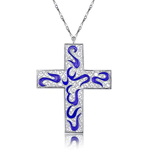 Aliluya Handmade Large S999 Sterling Silver Cross Faith Pendant Necklace For Women. Filigree Cloisonne Enamel Blue Chunky Cross Necklace Jewelry For Women Girls, Handicraft Silver Cross Necklaces #TOP4