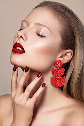 Bohemian Statement Earrings - Lightweight Tiered Raffia Beaded Earrings Drop Dangle Gifts For Women Girls (Red) #TOP1