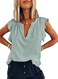 Dokotoo Summer Tops for Women 2026 Tank Tops Sleeveless Casual Loose Fit Short Sleeve T-Shirt Fashion Solid Color V Neck Top Trendy Cap Sleeve Shirts Clothing Blouse Green