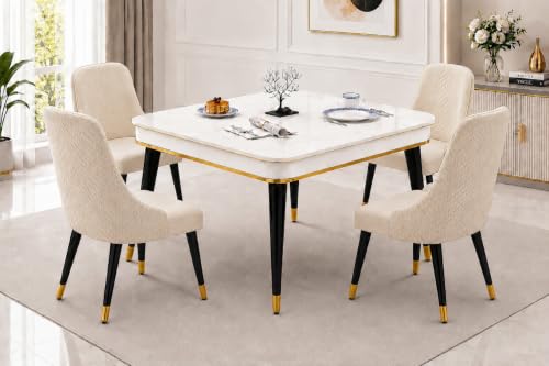 Image of WOODEN SPACE 4 Seater Wooden Dining Table Set | Urban Marble Top Dining Table with Chairs for Dining Room & Kitchen (Modern Vento Beige) (42 x 42 x 30 inch)