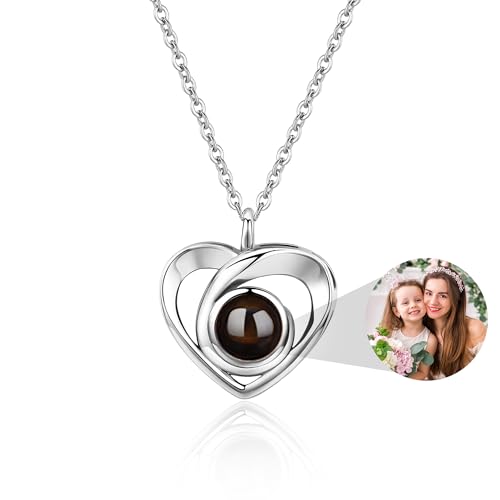 Easycosy Collier Personnalisé Photo Projection -Cadeau Femme De La Saint-Valentin - Bijoux à Pendentif Cœur Avec Image à L'Intérieur-Cadeau Petites Amies épouse...