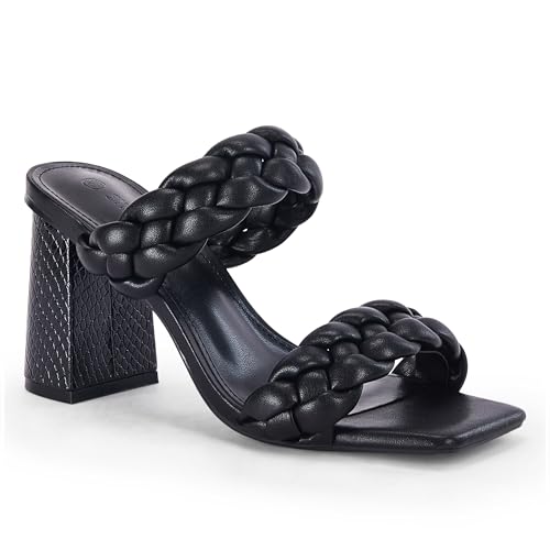 Syktkmx Womens Braided Heels Sandals Chunky Block Heel Double Strap Summer Dressy Sandal, Black, Size 11