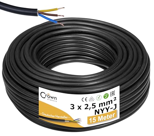 NYY-J 3x2 5mm 15m Erdkabel Länge am Stück | Elektrokabel Ring für Verlegung im Erdreich & Außenbereich | Kupfer Eindrähtig DIN VDE 0276 Teil 603/627 | Deutsche Markenhersteller
