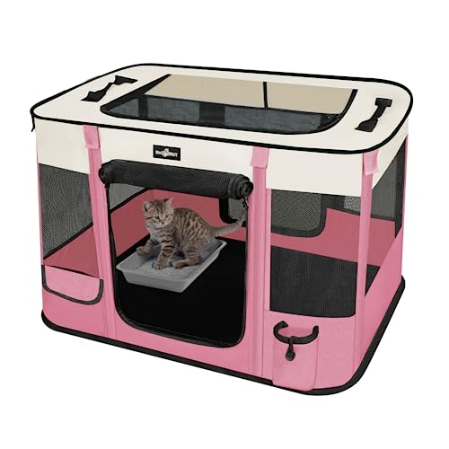 Paw Ballet Foldable Pet Kitten Playpen Upgrade Waterproof Portable Cat Dog Playpen Kennel Tent for Dog Cat Retractable Shade Cover with Free Carrying Case Indoor Outdoor Use for Small Pet.