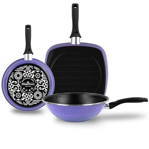 MAGEFESA Set Padella, Grill e Wok Induzione 24-27-28 cm, Antiaderente Libero PFOA, Manico Ergonomico Professionale, Design Moderno, Acciaio Vetrificato ECO, Smalto Esterno Very Peri