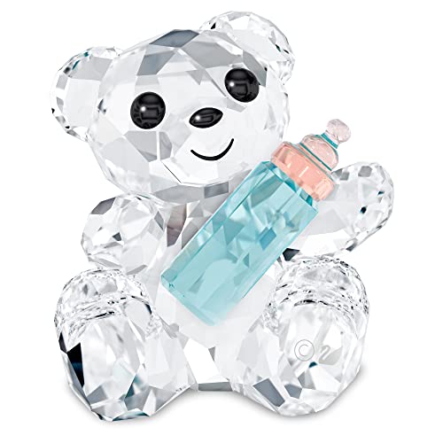 SWAROVSKI My Little Kris Bear Baby Figurine, Clear Swarovski Crystal with Blue and Pink Bottle, Part of the Swarovski My Little Kris Bear Collection