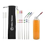 6 Stainless Steel Straws Straight & Curved Set - 3X 10.4 inch Straight & 3X 10.4 inch Curved Straws with Silicone Drinking Tips & Silencers