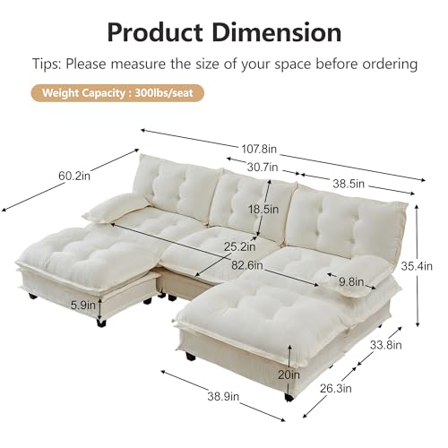 Image of 108 inch Sectional Sleeper Sofa with Ottoman, U Shaped Modular Deep Seat Couches for Living Room Apartment, Flexible Module Combination Cloud Sofa with Spring Support, Easy Assembly, White
