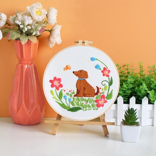 Image of Louise Maelys Dog Embroidery Kits for Beginners with Floral Pattern,Cross Stitch Kit for Adults DIY Needlepoint with Embroidery Instructions