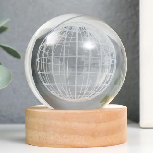 Image of 3D Globe Crystal Ball LED Night Lamp, Creative Engraved Night Light with Wooden Base, Warm White Decorative Table Lamp for Home, Bedroom, Kids Room, Gift (Globe)