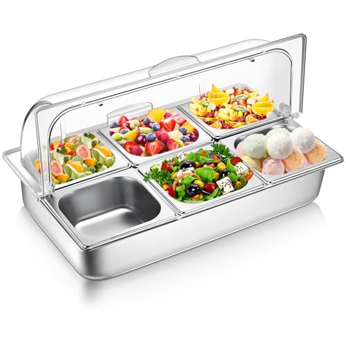 Image of Ziliny 6 Pan Chilled Buffet Server Stainless Steel Countertop Food Serving Display Container with Clear Roll Top Cover Serving Tray Buffet Condiment Dispenser Ice Cooled Food Display Rack