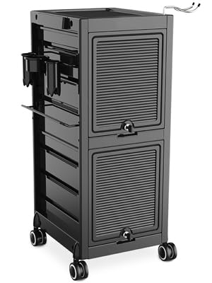Lockable Salon Trolley Cart - Beauty Salon Cart with 6 Drawers and Tool Holders, Salon Stations for Hair Stylist, Rolling Cart with Wheels, Lock and Door, Black Tool Cart for Barber Station