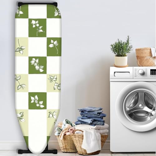 Image of Nuxovilar Green White Checkered Ironing Board Cover 15x54 Polyester | Iron Pad Scorch Guard laundry helper protective board shield home laundry room craft studio (White Foliage)