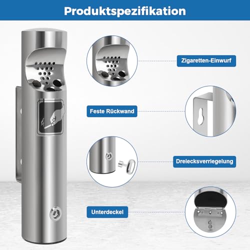 Mülleimer Wandmontage aus Edelstahl, Vertikaler Tubular öffentliche Küchenabfalleimer, Wandmontierte Abfallbehälter mit Schloss für Draußen Restaurants Hotel Terrasse Büros