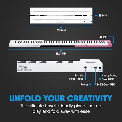 Carry-on 88 Key Folding Piano - Ultra-Portable and Full-Sized with 128 Voices and USB MIDI Connectivity - Travel Piano Keyboard Perfect for Practice, Travel, and Performances - White