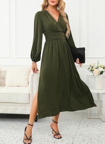 Dokotoo Womens Wrap V-Neck Empire Waist Dress Lantern Sleeve Ruched Side Slit Elegant Maxi Dress4