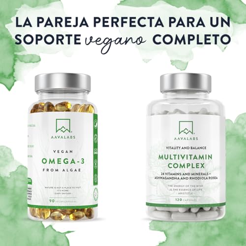 Omega 3 Vegano AAVALABS [ 1500 mg ] - de Aceite de Algas de Origen Vegetal Sostenible 750 mg DHA + 300 mg EPA por Dosis Diaria - Pureza Nórdica - 100% Vegano - 90 Cápsulas blandas