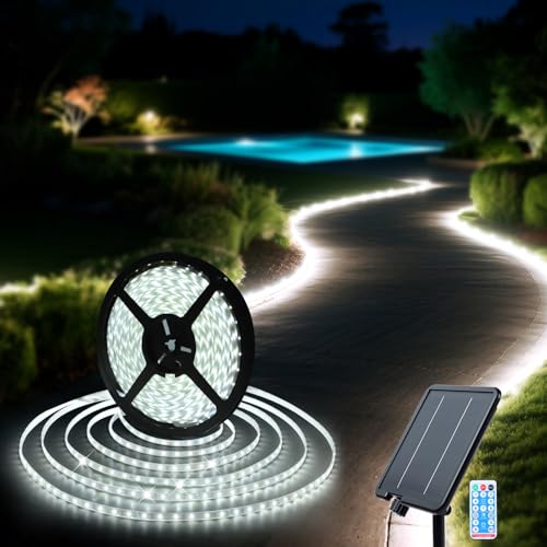 Solar LED Strip Lights Outdoor Waterproof White Solar Rope Light 32.8 FT with 8 Modes Remote Control Timer Dusk to Dawn Self-Adhesive Cuttable Lighting for Outside, Step, Garden, Pool, Christmas