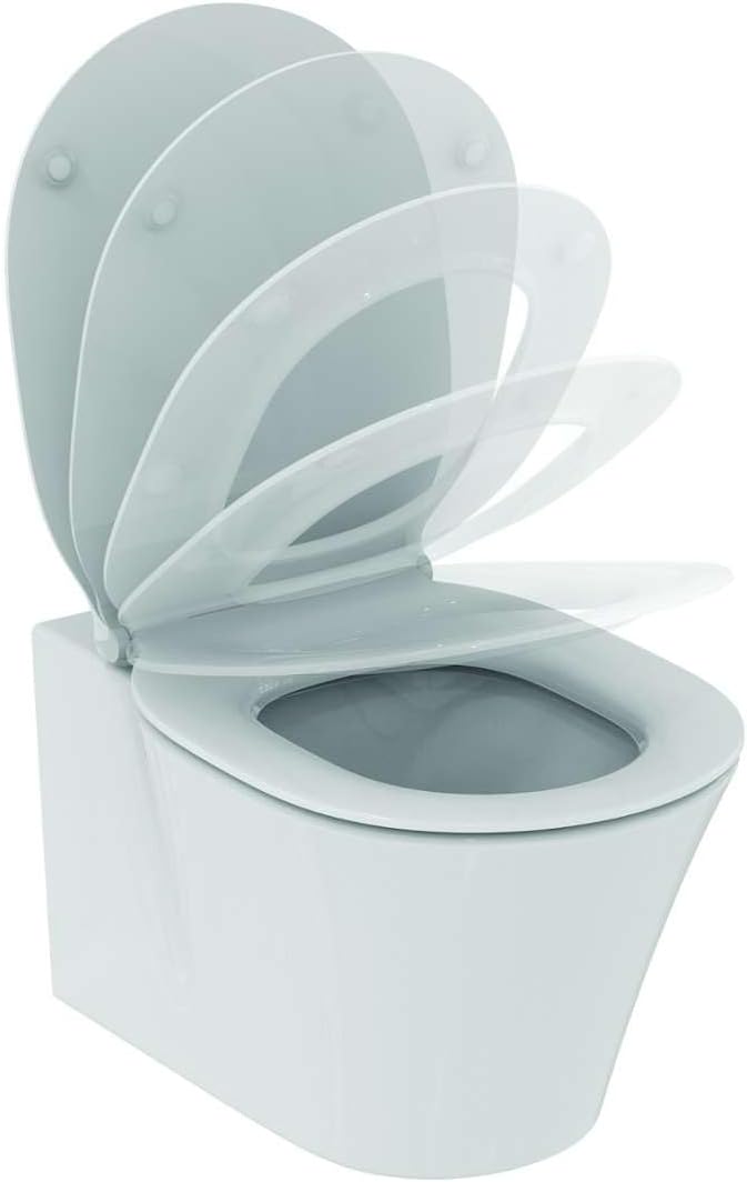 Technical drawing of the Ideal Standard wall-hung toilet with top and side dimensions of the bowl and seat
