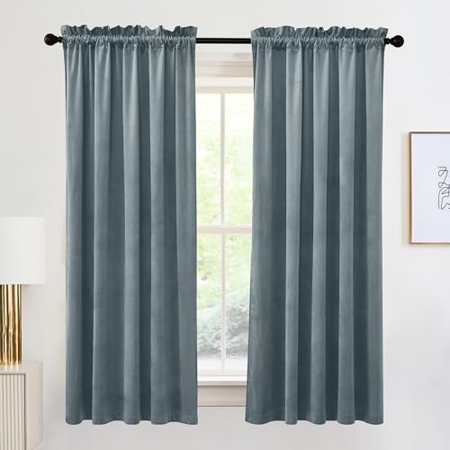 Image of RYB HOME Stone Blue Velvet Curtains 72 inches- Blackout Curtains for Bedroom Modern Elegant Luxury Decoration for Small Window Kid Room, Stone Blue, W52 x L72 inches, 2 Panels | Blackout Curtains, Modern Elegant Luxury Decoration, for Laundry & Dormitory, Stone Blue, W52 x L72, 2 Panels