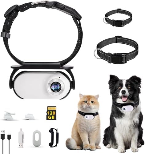 GHWMYD 128G Weiße Katzen Kamera Halsband Haustierkamera mit Kameraklemmen für Hunde und Katzen