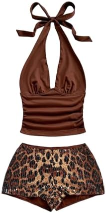 MakeMeChic Women's Y2k 2 Piece Set Ruched Halter Top Cheetah Sequ...