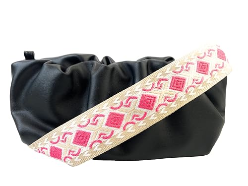Image of Beige Hot Pink Boho Diamond Purse Strap with Light Gold Hardware 2 Inch Wide Replacement Crossbody Guitar Style Shoulder Strap for Handbags Totes