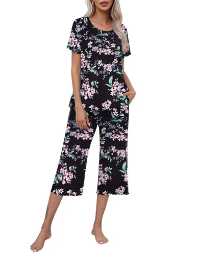 Ekouaer Women's Pajamas Set Short Sleeve Top With Capri Pants Pjs Lounge & Sleepwear Set S-XXL