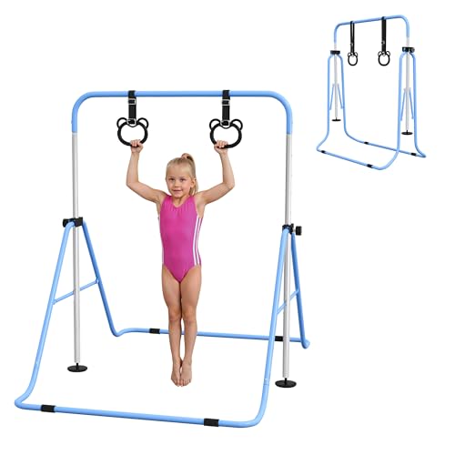 HOMCOM Barre de Gymnastique pour Enfants, Barre Horizontale, équipement de Gymnastique Pliable à Hauteur réglable 88-128 cm avec Anneaux de Gymnastique, Bleu