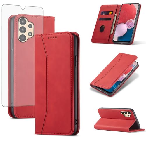 Étui portefeuille Samsung Galaxy A13 4G/5G avec protection écran verre rouge